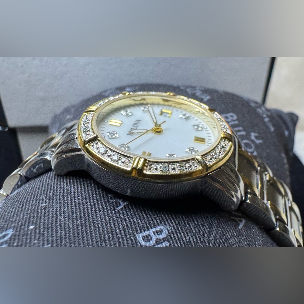 Bulova Two-Tone Stainless Mother of Pearl, Diamond Bezel Date Indicator Watch - Picture 14 of 15